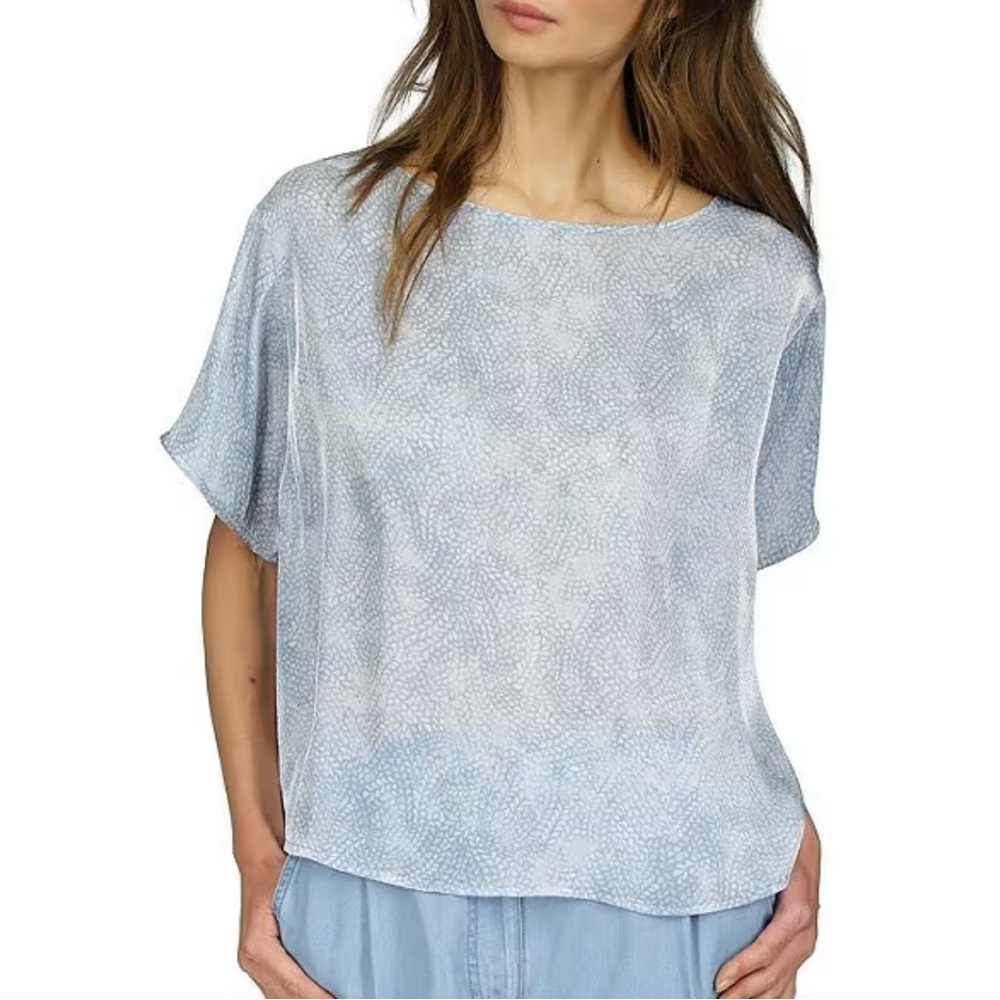 Michael Michael Kors Petal Print Short Sleeve Boat Neck Top Chambray